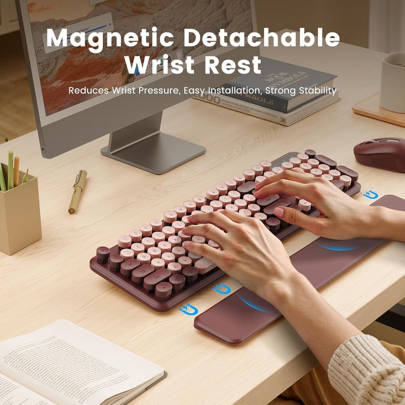 SABLUTE Wireless Keyboard, Round Keycaps, Retro Typewriter Keyboard with Detachable Wrist Rest, Sleep Mode, Foldable Legs, 2.4GHz Full-Size Cordless Computer Keyboard for Windows/PC/Laptop (Burgundy Colors) - Image 2